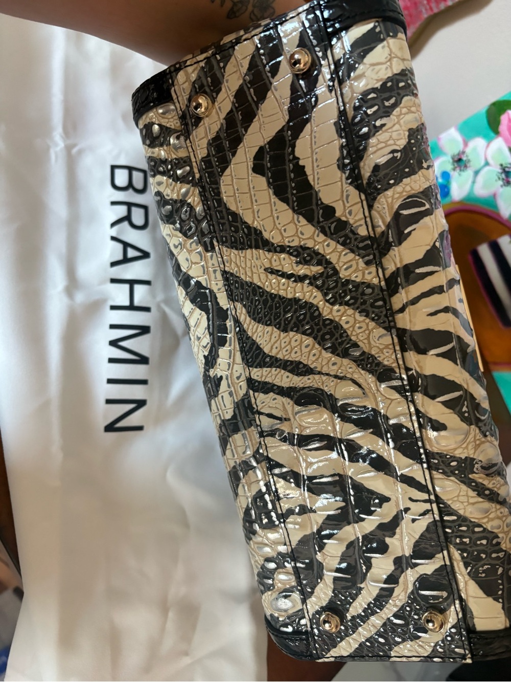 Brahmin Black & Cream Zebra-Print Croc-Embossed Satchel - Picture 4 of 4